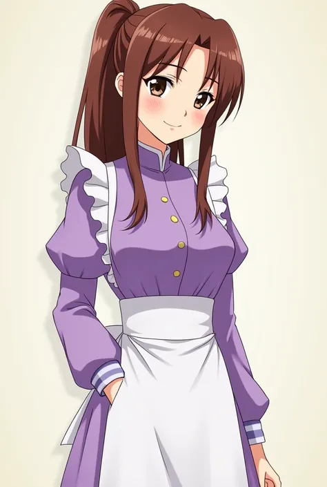 Full body image of anime woman Sarah Thunderhawk who has chest length chestnut brown hair tied into a low side ponytail on the right side and beautiful black eyes, bigger bust size. She is kind and adoring woman that has a smile on her face. She wears full...