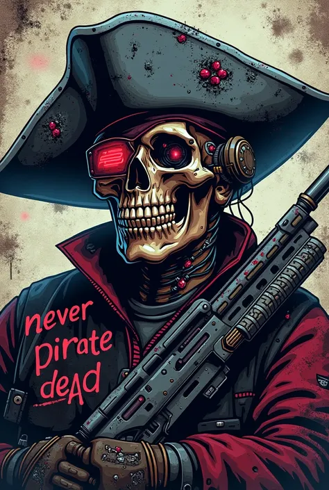 Patch airsoft avec un crâne pirate cyber avec chapeau, réplique airsoft et sabre, inscription graffiti "Never Pirate Dead" 


