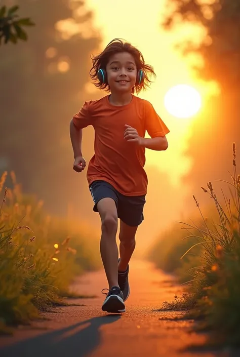 A long hair  teenager boy on morning running with headphones with sunrise 