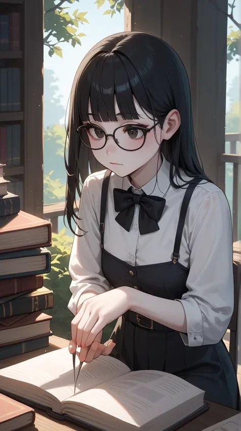 The long-haired, straight black girl with slightly uneven bangs, looks natural, white skin, big dark eyes, sometimes wears glasses when she is busy studying. She looks cool on the outside but is determined and sensitive on the inside. She loves to read boo...