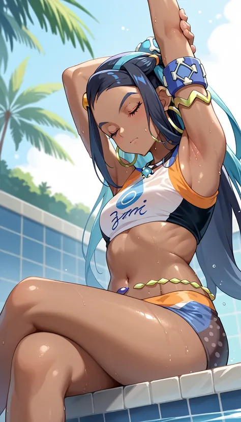 masterpiece, best quality, ultra-detailed, shiny skin, sweating, 1girl, solo, outdoors, swimming pool in the background, (view from below), sitting, crossed legs, (close-up), sweating, nessa, black hair, blue hair, long hair, single hair bun, multicolored ...