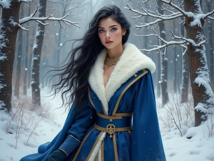  Realistic oil painting of a lush forest covered with snow ,  a majestic figure emerges as a flash of elegance and serene entity .  She is a woman of extraordinary beauty ,  with fine European features that seem sculpted by nature itself . Her pale skin,  ...