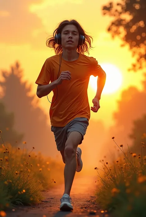 A long hair  teenager boy on morning running with headphones with sunrise 