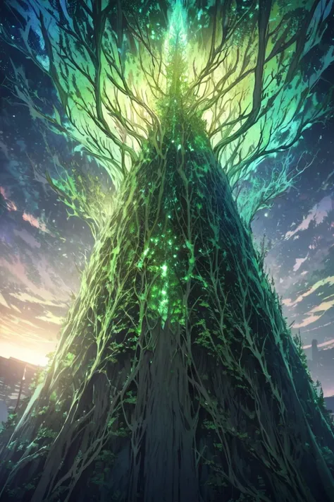 Draw a giant glowing tree whose branches go into space, and at the foot is the capital of the Elven Kingdom 