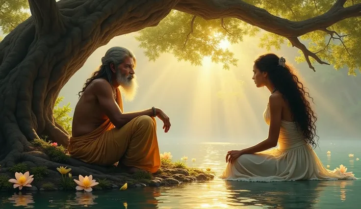 Vishwamitra, Indian mythology, a sage, Amitabh banchan, now seated under the ancient tree, looks up in surprise, his intense eyes meeting Menakas enchanting gaze. The background features softly glowing flowers and gentle ripples in the water reflecting the...