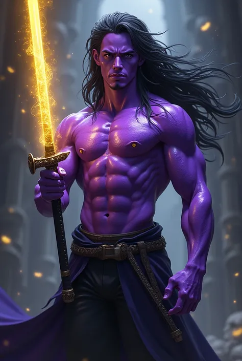 Man with purple skin ,  black hair, A shimmering yellow katana 