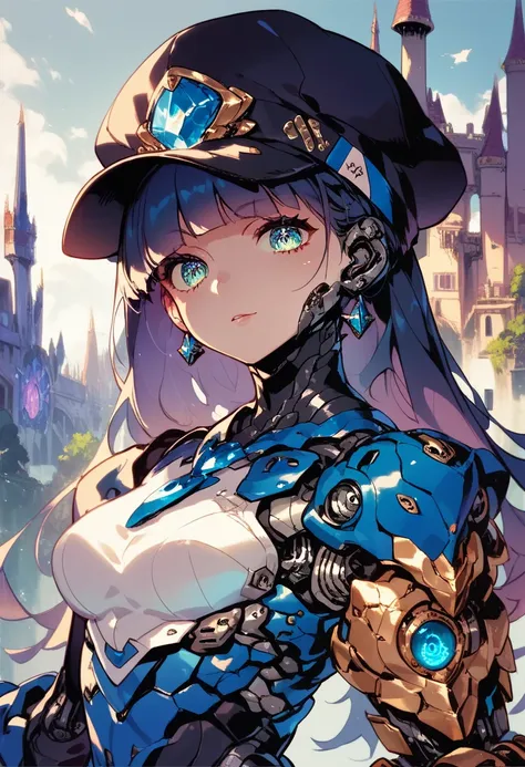 1girl, purple mecha, mechanical arms, mechanical legs, mechanical eyes, dilapidated castle background, upper body, looking at viewer, stocking cap,