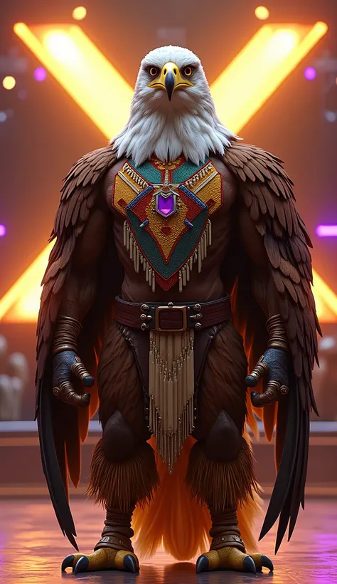  A majestic and imposing humanoid eagle ,  with white and brown feathers that cover its muscular and elegant body .  Its head is that of a golden eagle ,  with penetrating golden eyes and a sharp beak .  He wears a colorful beaded breastplate identical to ...