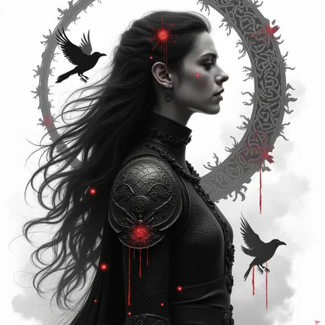 A captivating monochromatic portrait of Morrígan, showcasing her dark and ethereal presence in a side profile. Her flowing hair is beautifully rendered with intricate shading and textures, while her ornate, feathered armor features Celtic patterns and symb...