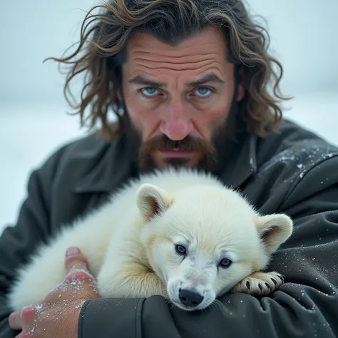  One Absolutely powerful of a  holding a white bear cub ,  captured in a style reminiscent of Martin Schoeller . the bear cub ,  with its soft and big eyes ,  nestles softly in the arms of the  ,  radiating a mixture of wild curiosity and trust .  This con...