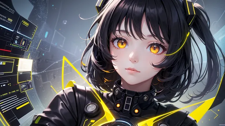 from future intelligence, technology background, complex mystery, unexpected variables, sudden result, strange things, transient waves, light fog, colorful signals, confident look, space black pioneer dress, yellow eyes, black hair