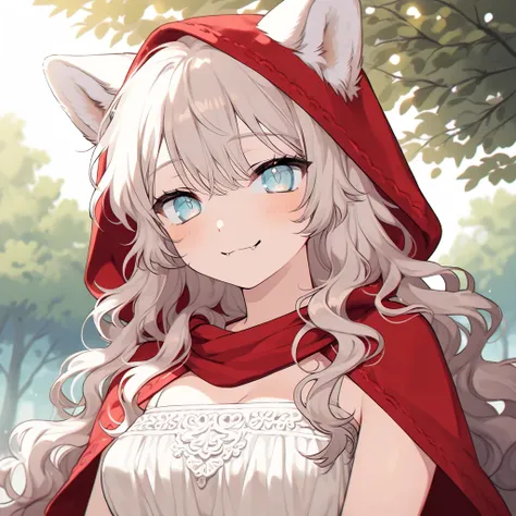 (1 youthful humanoid wolf girl), (portrait), (close-up), (fair skin with light beige undertones 1.5), (strong pink wavy hair cascading around her shoulders 1.8), (beige wolf ears with soft fur 1.3), (large turquoise eyes shining with liveliness 1.4), (medi...