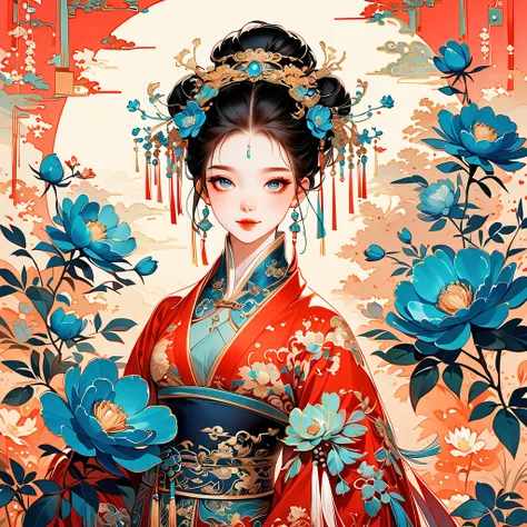 A beautiful young woman in traditional Chinese attire, sweet smile, from front, eyes look at other side, fashion pose, charming and attractive sexy pose, surrounded by a lush garden. gazing at it with gentle eyes. The womans hair is styled in an elaborate ...