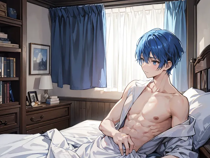 Blue Hair, Short Hair,  male student,  bed in black, Robe, white boxer, Old room, evening,  tissue ,  upper body