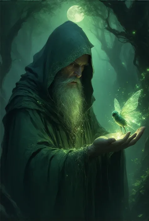 Wizard conhorro with beaked and long beard holding a little fairy on his hand with wings of 

