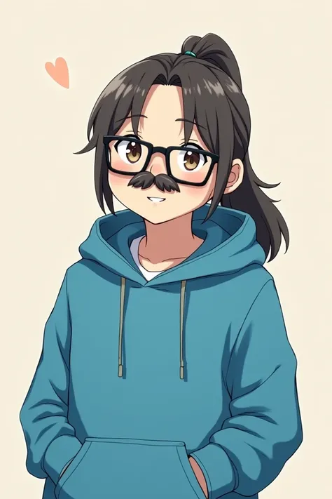 Tall, Chubby, long dark brown hair in ponytail, black rectangular glasses, very thin mustache, fair skin tone, blue hoodie, Male, anime