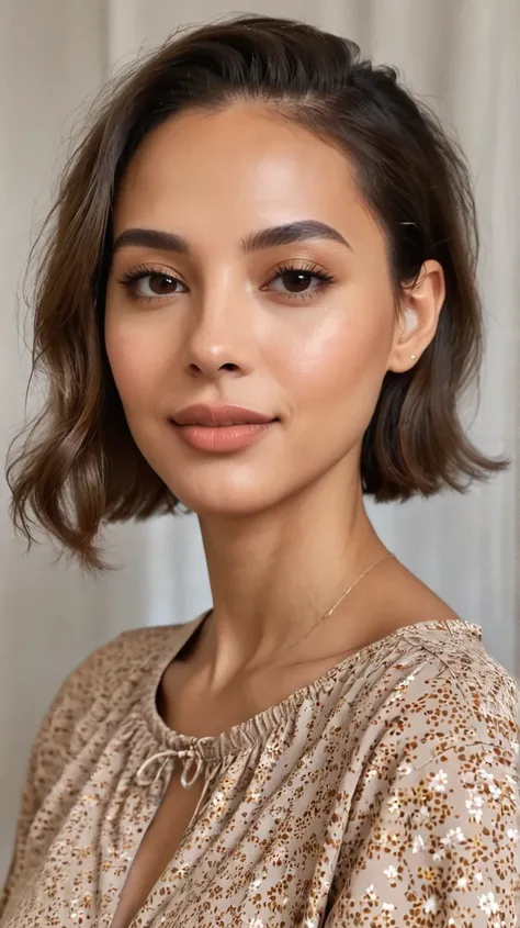 description :Mixed woman, brown hair up to the shoulder, thin face, large lip, thin, large, redone, eyes, very light brown, voluminous shape as well as a BBL at the back, a face similar to that of Alicia the French TikToker
