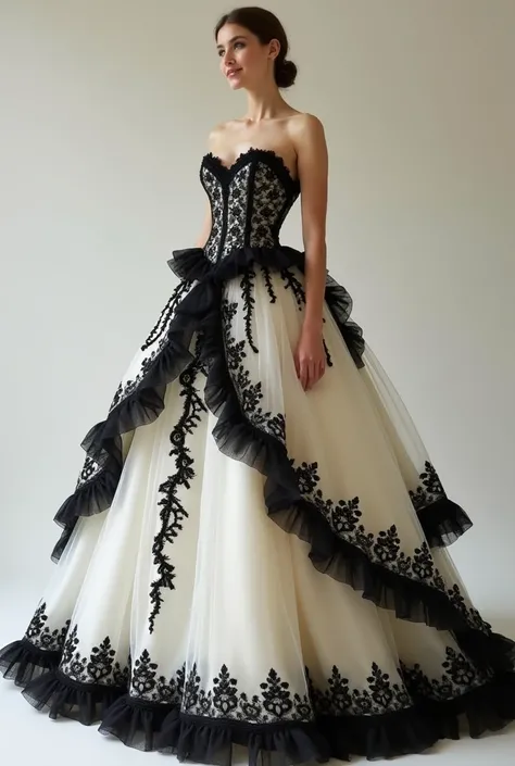 create an woman wearing a elegant and dramatic gown with a contrasting color palette of ivory and black. The bodice is strapless with a corset-inspired design, featuring intricate black lace appliqué that extends in organic patterns, resembling vines or de...