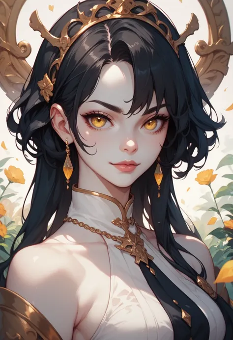 Anime girl with long black hair and yellow eyes white skin