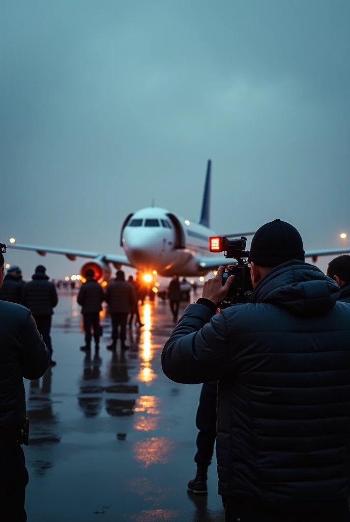 journalists,  police officers and rescue teams surrounding the plane on runway ,  with cameras capturing the moment when the doors open. The mood is one of shock and tension ,  with camera flashes illuminating the scene .