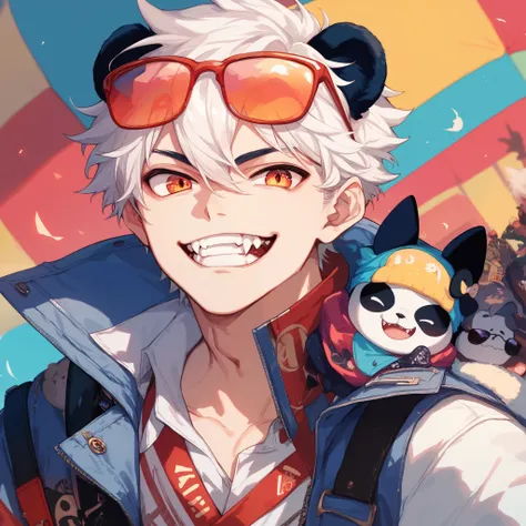  Boys,small,White hair,Short hair,Panda ears, Canine teeth, โชว์Canine teeth / Show your fangs,  Evil Smile , Sunglasses, Anime, 