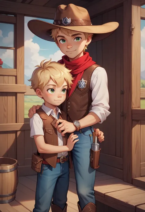 1 person, little 4-yr old boy, young, cute, young, little, short, thin, Age Regression, youthful, Shotacon, Shota, turned up nose shape, blonde hair, Cowboy hat, red scarf, vest, strap pants, leather boots, wild west background