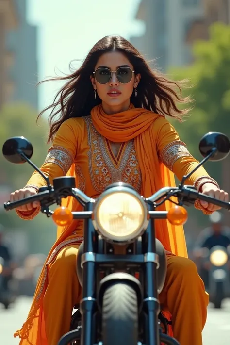 Please create a genuine picture of 24 years old girl wearing shalwar-kameez scarf on her chest and sunglass riding bike with me.