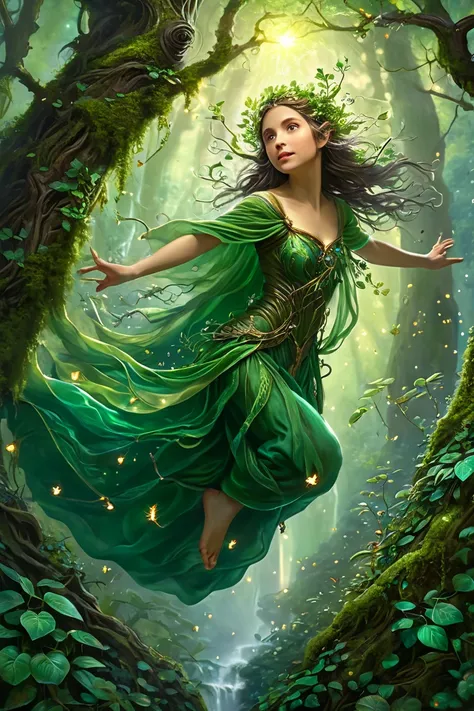 Rapid Descent, descending rapidly, In a mysterious magical forest, a young elf girl accidentally slips off a tall ancient tree. She was dressed in a green veil, her hair fluttering in the wind, surrounded by glowing mushrooms and flying fireflies. Her expr...