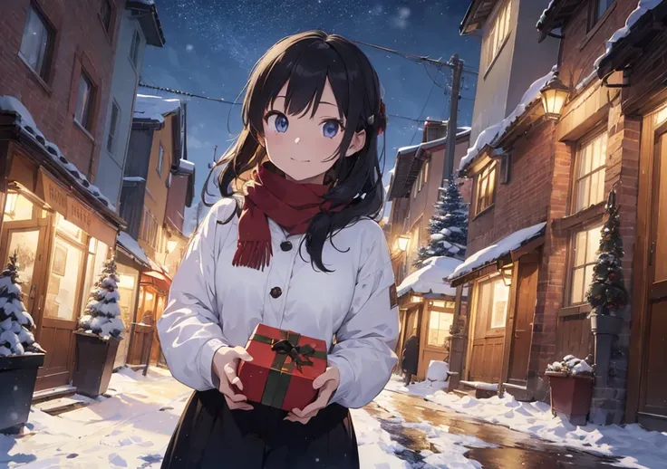 (( better quality)), (( Masterpiece)), ( Detailed ), 1 girl, Christmas scene, chill, cityscape, snow, gifts , lofi girl