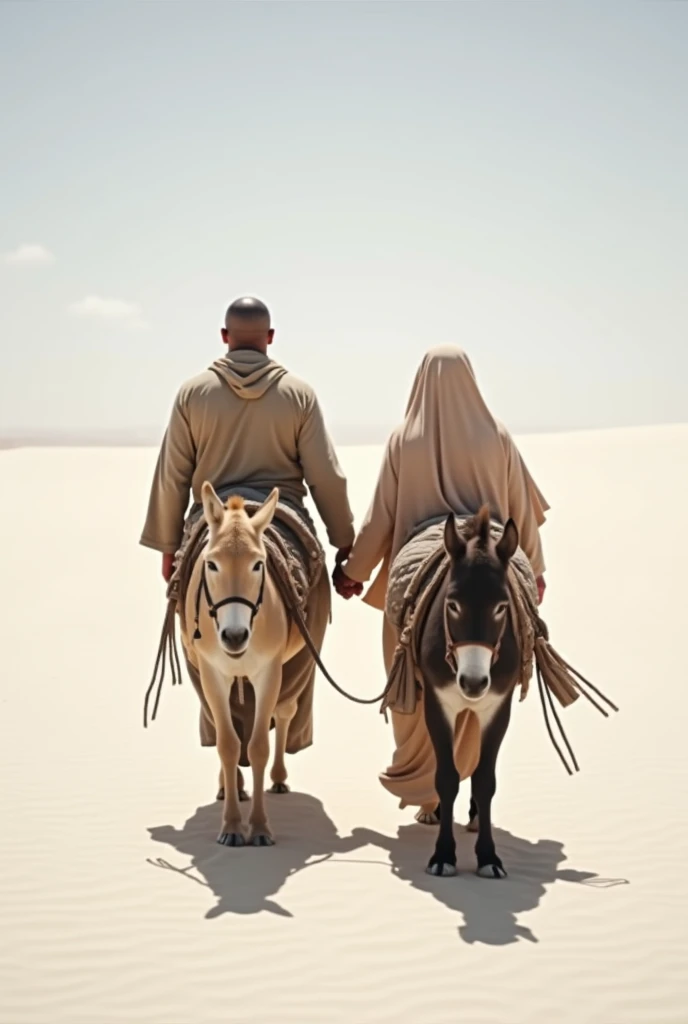  a man and a woman dressed in desert clothes with their heads covered seen from the back go hand in hand,  in front of it a donkey seen from the back carries a  riding , Also seen from the back ,  the donkey also carries side loads ,  walking in a vast des...