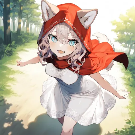 (1 youthful humanoid wolf girl), full body, from above, (fair skin with light beige undertones 1.5), walking, (pink wavy hair cascading around her shoulders 1.6), (beige wolf ears with soft fur 1.3), (large turquoise eyes shining with liveliness 1.4), (med...