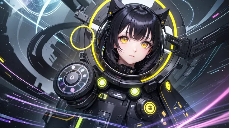 from future intelligence, technology background, complex mystery, unexpected variables, sudden result, strange things, transient waves, light fog, colorful signals, confident look, space black pioneer dress, yellow eyes, black hair