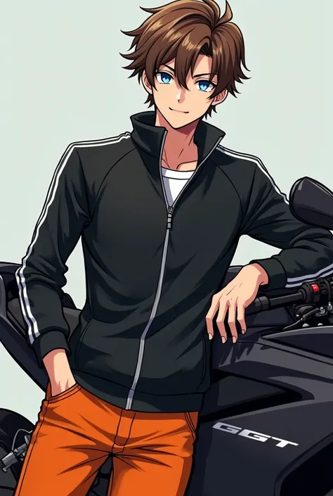 A 33-year-old anime fantasy fit boy with flashing blue eyes and neat brown hair, a smirk on his face and looking kinda sharply, black jacket with white lines , orange pants , leaning against his GT motorcycle , a cigarette between his fingers