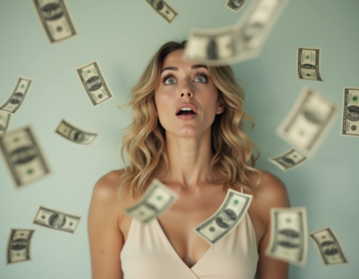 A detailed and realistic Instagram-style photo of a 30-year-old woman with an amazed expression, her natural figure dressed in a cream-colored dress, surrounded by fluttering dollar bills that fall gently in the air, with a softly blurred, light-toned back...