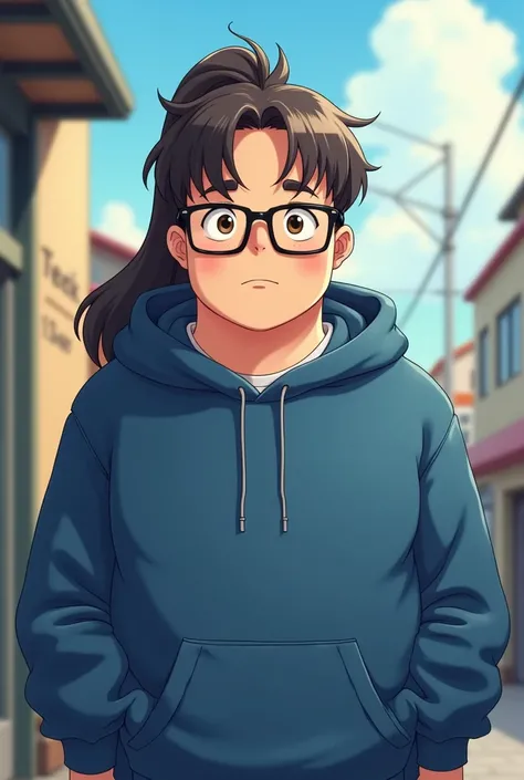 Tall, Chubby, long dark brown hair in ponytail, black rectangular glasses, fair skin tone, blue hoodie, Male, anime, no smooth body, MAN