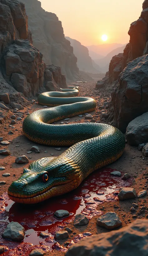 The aftermath of an epic battle between the ancient Titanoboa and the modern-day Anaconda, set in a stark, rocky canyon at dusk. The Titanoboa, defeated and lifeless, lies sprawled across the rough, jagged ground, its massive body covered in bloodstains fr...