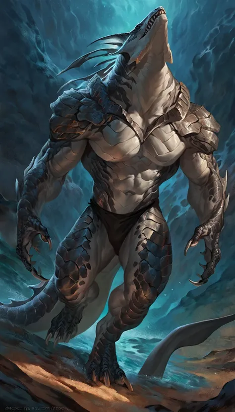 Muscular monster shark, solo, body made of steel, strong, metallic scales, scars on body, 1male solo,feral, muscular, small waist, thick tail, thick scales on the shoulders, marked detailed jaws, open jaws big pecs, pants, full body, comicbook style, best ...