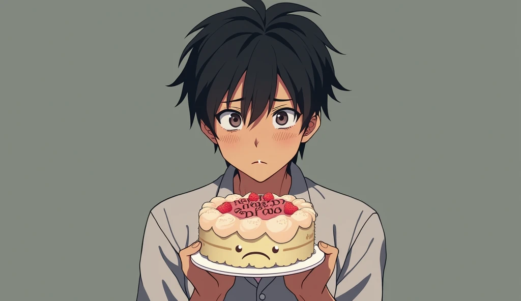 Create a picture of an anime man holding a sad face cake,มีตัวอักษร happy bad day to me