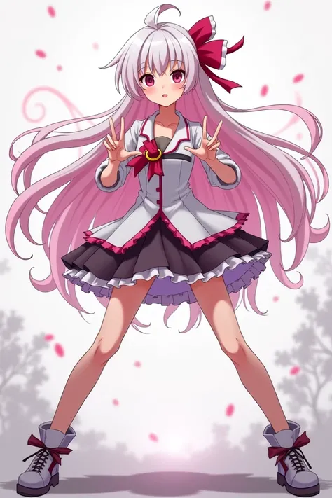 Create me an anime girl with white and pink hair doing a pose with the hands of "V" while opening the legs