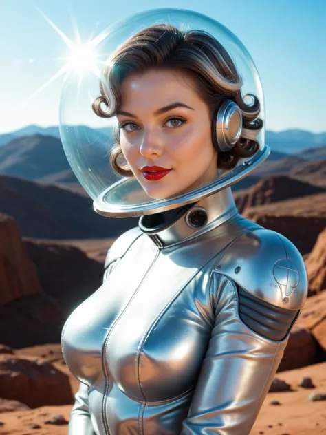 A confident and seductive female adventurer in a retro-futuristic space suit with modern sci-fi elements. Her suit is sleek and body-hugging, made of reflective silver material with glowing energy lines. She holds a spiral-shaped raygun glowing faintly wit...