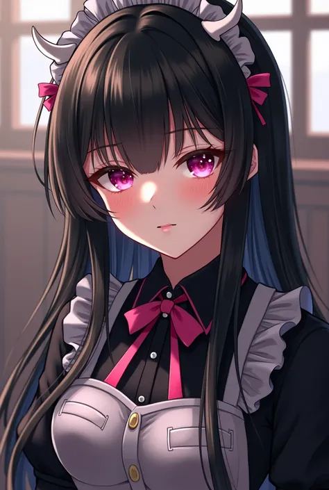 black haired anime girl, bangs and two little bones ,  wearing a black maid costume with pink ribbons