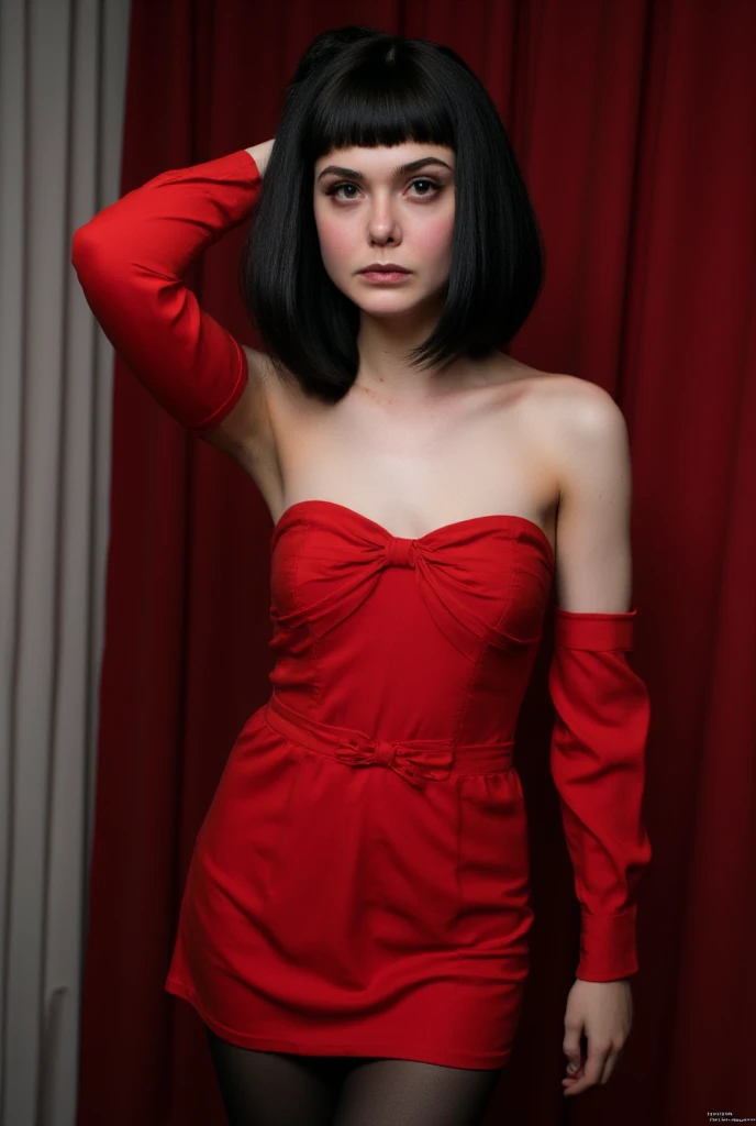 posing frontally, seductive, serious face, dark makeup, red strapless dress, black bob cut hair, fixing hair, fierce glare, serious face,  black tights