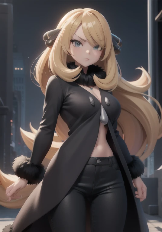 score_9, source_cartoon, best quality, high resolution, unity 8k wallpaper, 1girl, solo, masterpiece best quality, Cynthia (Pokemon), Blonde, Long Hair, Hair on one eye, hair ornaments, Large Breasts, (Grey Eyes), Captivating look, Black Coat, Tight Black ...