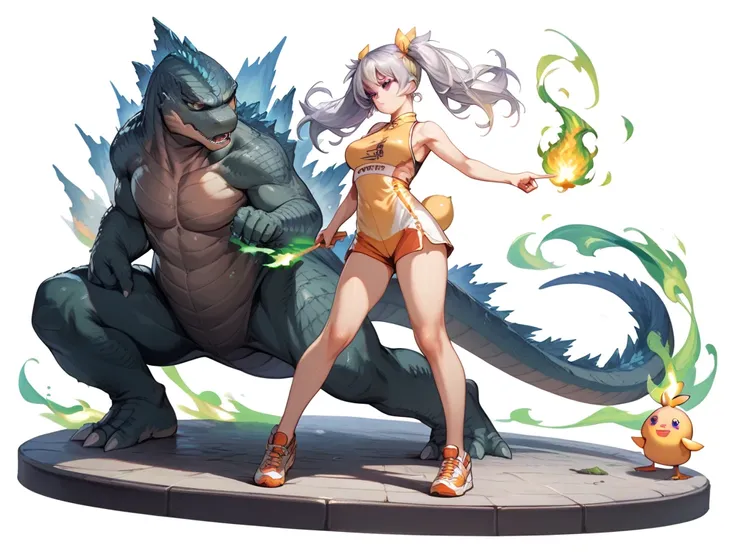 chica estilo anime, silver hair with 2 pigtails, Breasts 34C,  purple eyes, With Godzillas tail, looking to the right,  pointing his hand to the right, Pulling a green fire out of his hand,  full body view ,  white background