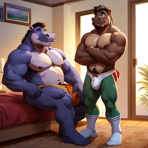 Hippos, duo, male people，shaggy，Furry，burly build，2boy，father and son, size difference, undressing his adult son, taking off socks, leg crossed, pulling off gold-toe socks, nervous, bashful, ((detailed bulges)) musculature，burly build，Male crotch，perspired...