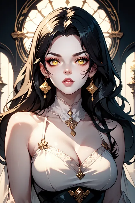  Anime girl with black hair and yellow eyes Long hair, big breasts in a dress pale skin