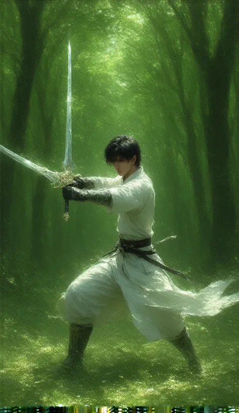 A beautiful black-haired and blue-eyed young swordsman ,  practicing with her claymore in the middle of the forest illuminated by the afternoon sun