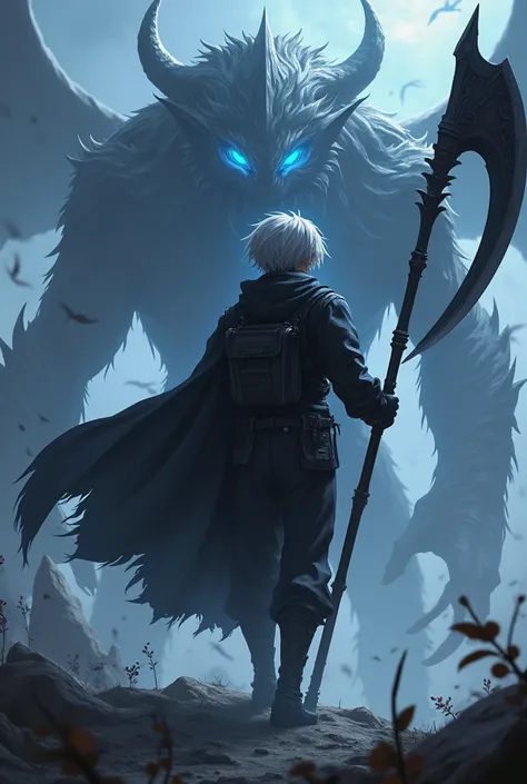 18 year old male anime character with ash colored hair and crystal blue eyes, wearing black clothes, holding a huge black scythe in the middle of a battle field surrounded by scarry giant beast and creatures