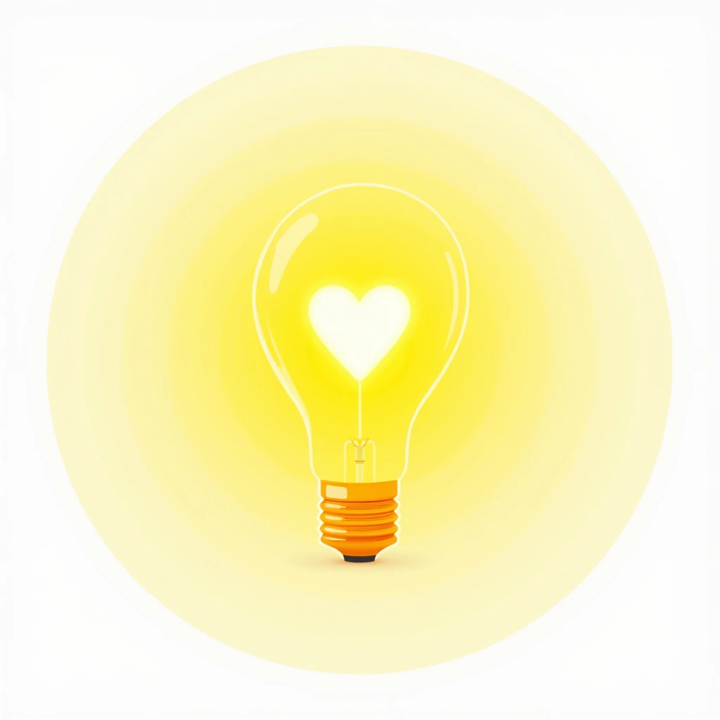 Create a circular logo featuring a light bulb with a heart inside, symbolizing inspired ideas and positive emotions. Use bright colors like yellow and white on a clean background."