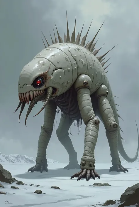 Concept art d’un monstre extraterrestre issu d’un habitat polaire; apparence bizarre et effrayante semblable à celle d’un quadrupède; peau caparaçonnée intégralement blanche comme la neige environnante; une énorme tête d’insecte avec gigantesques mandibule...